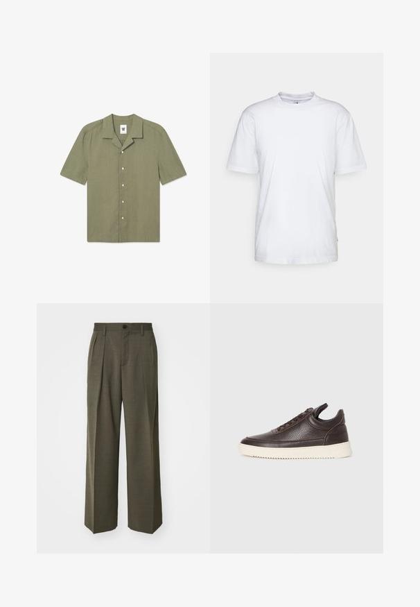 Chemise à manches courtes de couleur olive, en lin, avec un col, une fermeture à boutons et un petit logo sur la poitrine gauche.; T-shirt en coton blanc avec un col rond, des manches courtes et un ourlet droit. Présente une petite étiquette de marque sur la couture latérale gauche.; Filippa K WIDE TROUSERS - Pantalon classique - driftwood; Baskets en cuir texturé brun foncé avec un dessus à lacets et une semelle en caoutchouc blanc striée sur un fond clair et uni.