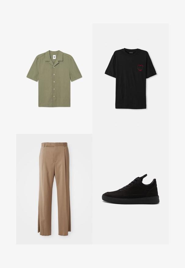Camicia a maniche corte color verde oliva realizzata in lino, con colletto, chiusura a bottoni e un piccolo logo sul lato sinistro del petto.; T-shirt nera in cotone con maniche corte, caratterizzata da un design a cuore ricamato rosso sul lato sinistro del petto. Collo alla marinara classico, vestibilità comoda.; Pantaloni su misura di colore marrone chiaro con gambe dritte, passanti per cintura, cucitura anteriore e chiusura nascosta, esposti distesi su uno sfondo bianco.; Sneaker in suede nero con punta arrotondata, chiusura con lacci, collo imbottito e suola in gomma testurizzata per una migliore aderenza. Design minimalista e finitura liscia.