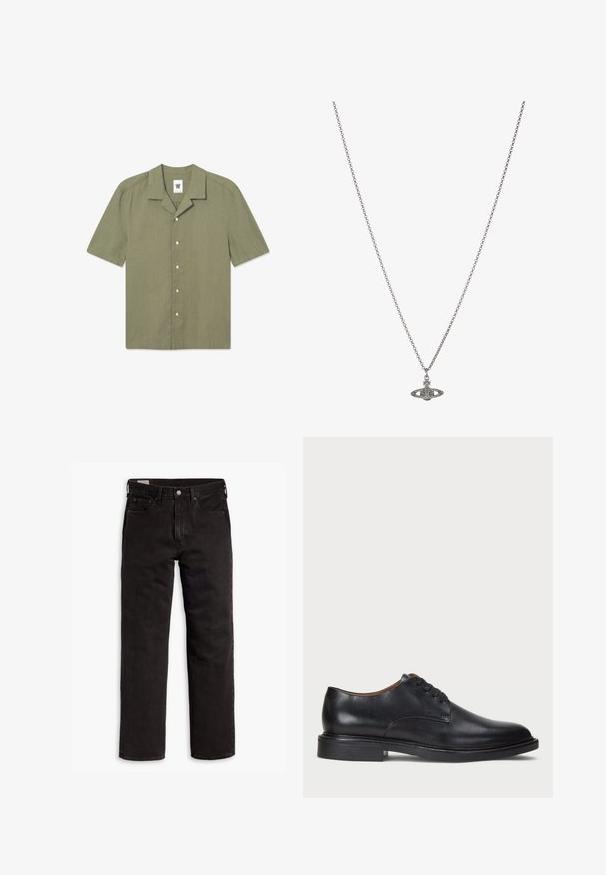 Īsām piedurknei, olīvu zaļš krekls, izgatavots no linu, ar apkakles dekoltē, pogu aizdari un mazu logotipu kreisajā krūtī.; Balta kokvilnas T-krekls ar īsām piedurknēm, apaļu kakla izgriezumu un maigi redzamu Levi's logotipu centrā. Mīksta tekstūra un standarta piegriezums.; Melnas taisnās kājas džinsu bikses ar piecām kabatām, pogu aizdari un jostas cilpām, izliktas uz balta fona.; Melnas ādas kleitu kurpes ar apaļu purngalu, auklu dizainu un zemu sakrautu papēdi. Gluda virsma ar minimālām šuvju detaļām.; Sudraba ķēdes kaklarota ar detalizētu piekariņu, kas veidots planētas formā, kas rotāta ar maziem akcentiem un sarežģītiem rakstiem.