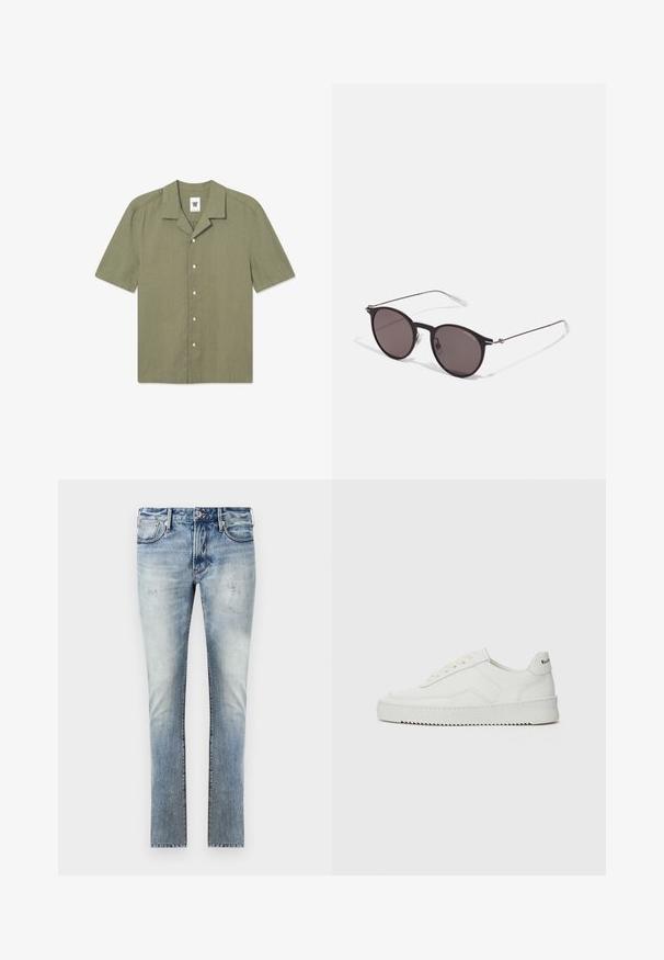 Korte mouwen, olijfgroene shirt van linnen, met een kraag, knoopsluiting en een klein logo op de linkerborst.; Lichtblauwe denim jeans met een vervaagde afwerking, slim fit ontwerp, vijf zakken en contrasterende stiksels bij de naden.; Witte leren sneaker met een gladde afwerking, ronde neus, platte veters en een gestructureerde zool. Kenmerkt zich door een subtiel logo op de hiel.; Zwarte ronde zonnebril met donkere lenzen en slanke metalen armen. Inclusief heldere tempelpunten en zilveren accenten bij de scharnier. Minimalistisch ontwerp.