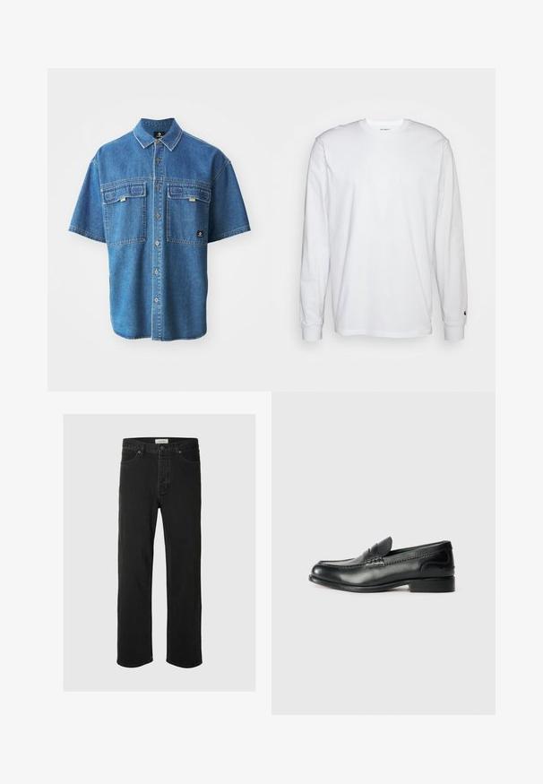 Džínsová košile s krátkým rukávem ve světle modré barvě, s dvěma kapsami na prsou a klasickým límcem, se zřetelným švem a hnědými knoflíky.; Bílá dlouhá tričko s dlouhými rukávy vyrobené z bavlny. Design s kulatým výstřihem, žebrované manžety a malé logo na levém rukávu. Hladká textura.; Černé džíny rovného střihu mají klasický design se pěti kapsami, zapínání na knoflík, minimální švy a jemnou texturu.; Černé kožené mokasíny s hladkým povrchem, prošívanými detaily na svršku a mírně zvýšeným podpatkem.