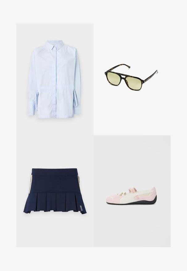 Camicia azzurro chiaro in cotone. Presenta maniche lunghe con fiocchi ai polsi e colletto classico. Texture liscia.; Gonna plissettata blu navy realizzata in tessuto elastico, con vita aderente e dettaglio di zip laterale. La cucitura è visibile lungo le cuciture.; Scarpa slip-on in suede rosa con accenti bianchi, suola in gomma e fasce elastiche. Presenta un design 'texture' e un piccolo logo sulla parte anteriore.; Occhiali da sole tartaruga con forma rettangolare, lenti con tonalità verde e montatura in acetato decorata. Presentano dettagli metallici vicino alle lenti.
