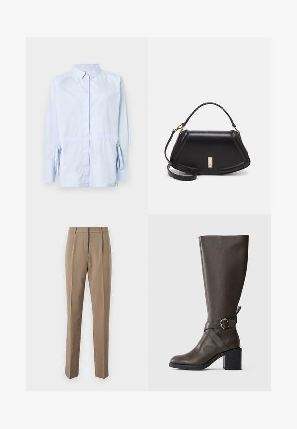 Camisa de botones azul claro hecha de tela de algodón. Presenta mangas largas con lazos en los puños y un cuello estándar. Textura suave.; Pantalones marrones ajustados hechos de una tela suave, que presentan un diseño de pierna recta, pliegues frontales y una cinturilla con presillas para cinturón.; Bota de cuero marrón oscuro hasta la rodilla con un tacón mediano tipo bloque y una correa decorativa con hebilla plateada alrededor del tobillo.; Bolso de mano de cuero negro con un diseño estructurado, que presenta una forma recortada, asa superior y acentos en dorado. Correa de hombro ajustable incluida.