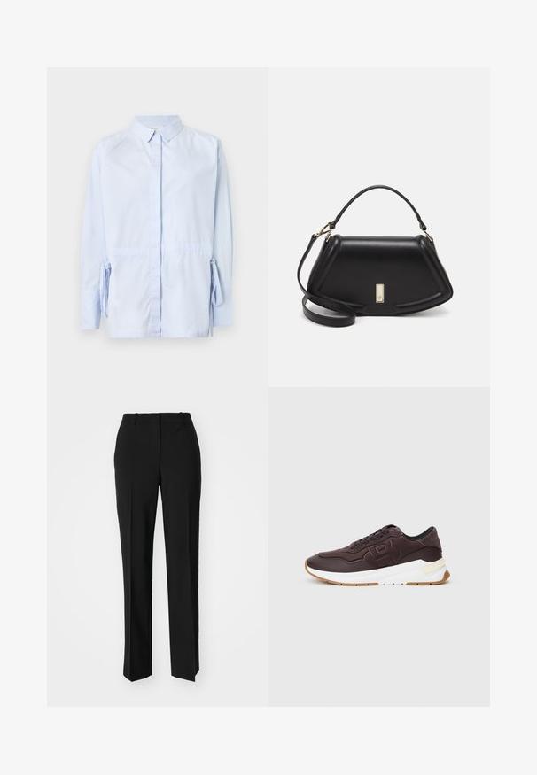 Lyseblå skjorte med knapper lavet af bomuldsstof. Har lange ærmer med bånd ved håndleddene og en standard krave. Glat tekstur.; Sorte skræddersyede bukser med lige ben-design, der har en glat tekstur og skarpe folder langs fronten. Ingen synlige hardware.; Mørkebrune sneakers med sort kant, præget logo på siden, hvid tykk sål og gummifarvet ydersål på en ensfarvet baggrund.; Sort læderhåndtaske med en struktureret design, der har en kortet form, tophåndtag og guld hardware-accenter. Justerbar skulderrem inkluderet.