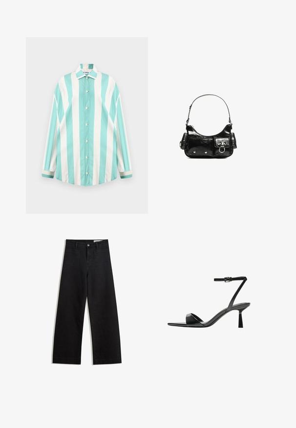Sunnei MEGA OVER SHIRT TIE - Button-down blouse - off white/green; Black wide-leg denim pants with a high waist, featuring front and back pockets, stitched seams, and a button closure. Smooth texture.; Bershka High heeled sandals - black; Black patent leather handbag with a curved shape, one shoulder strap, front pockets, and silver-tone hardware accents.