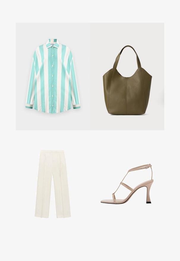 Sunnei MEGA OVER SHIRT TIE - Cămașă - off white/green; Pantaloni cu picioare largi, de culoare crem deschis. Realizați dintr-un material neted, cu plisuri în față și buzunare laterale.; Sandale cu toc înalt bej, cu o curea subțire la gleznă, design minimalist, vârf ascuțit și un accent negru contrastant pe toc.; Geantă tote din piele verde măslinie cu două mânere, textură netedă și design din patru panouri. Cusături întărite pe margini pentru durabilitate.