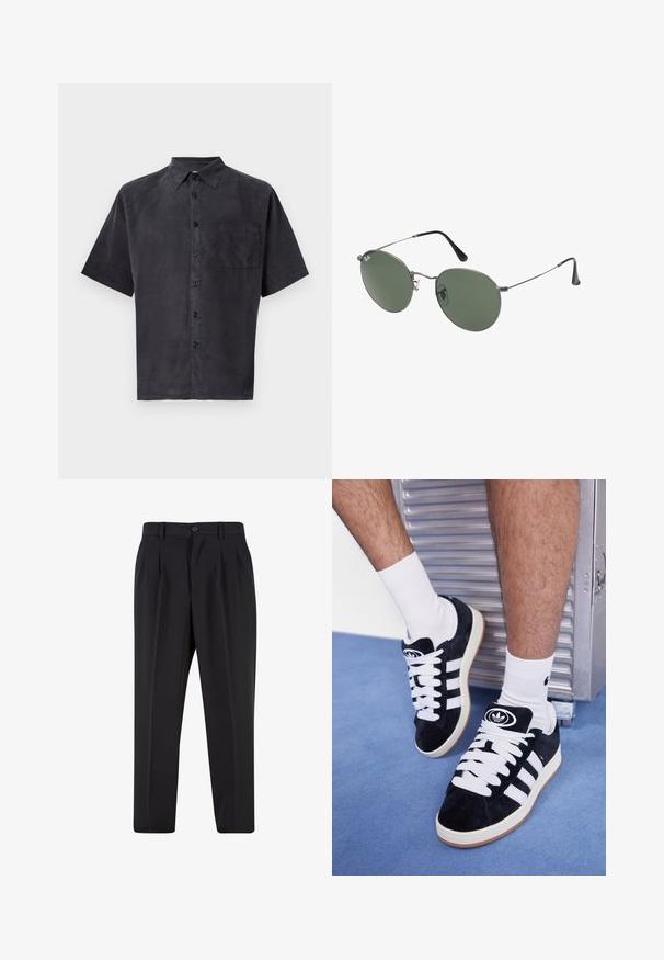 Kurzarmhemd aus dunkelgrauem Stoff, mit einem Button-Down-Kragen, Knopfleiste auf der Vorderseite und einer Brusttasche mit einer subtilen Textur.; Schwarze Hose mit plissiertem Vorderdesign, aus glattem Stoff gefertigt. Mit Knopfverschluss und Gürtelschlaufen; gerade Passform.; Schwarze Wildledersneaker mit weißen Schnürsenkeln und drei weißen Streifen. Verfügt über ein kreisförmiges schwarzes Logo auf der Zunge und eine Gummisohle.; Metallgestellte Sonnenbrille mit ovalen grünen Gläsern. Dünner silberner Metallrahmen und schwarze Ohrstücke. Minimalistisches Design, keine sichtbaren Logos.