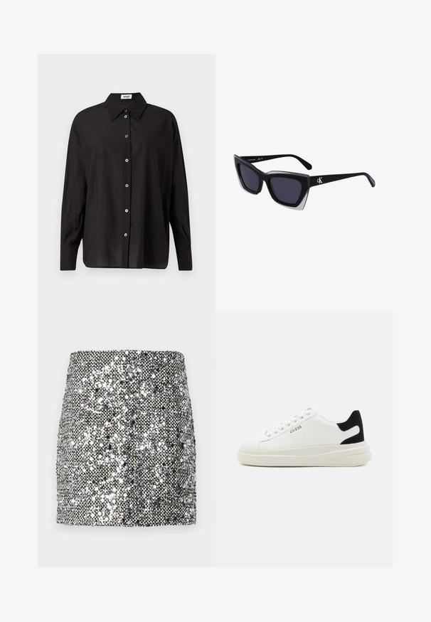 Svart knapp-up skjorte med klassisk krage, lange ermer og avslappet passform. Har glinsende knapper langs fronten. Glatt, lett stoff.; Pailletteskjørt i mini lengde med metallisk sølv- og svart fargepalett, teksturert overflate med reflekterende paljetter, og en tettsittende fasong.; Hvite lær sneakers med tykk hvit såle, svart semsket hælforsterkning og preget logo på siden. Snøresystem med seks hull.; Store svarte solbriller i overdimensjonert størrelse med geometrisk form, med mørke linser og en kontrasterende grå detalj på rammen. Logo på armen.