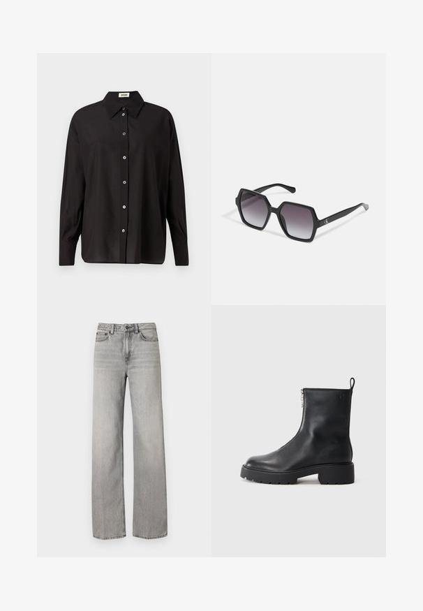 Camicia nera con bottoni, colletto classico, maniche lunghe e vestibilità rilassata. Presenta bottoni lucidi lungo la parte anteriore. Tessuto liscio e leggero.; Jeans wide-leg in denim grigio con una lavatura media, dotati di chiusura a bottoni, cinque tasche e dettagli di cucitura standard.; Stivale alla caviglia in pelle nera con zip laterale, punta arrotondata e suola chunky e testurizzata. Branding sottile sul lato.; Occhiali da sole esagonali neri con lenti sfumate, caratterizzati da una finitura lucida e da un marchio discretamente visibile sulla tempia. Costruzione in plastica resistente.