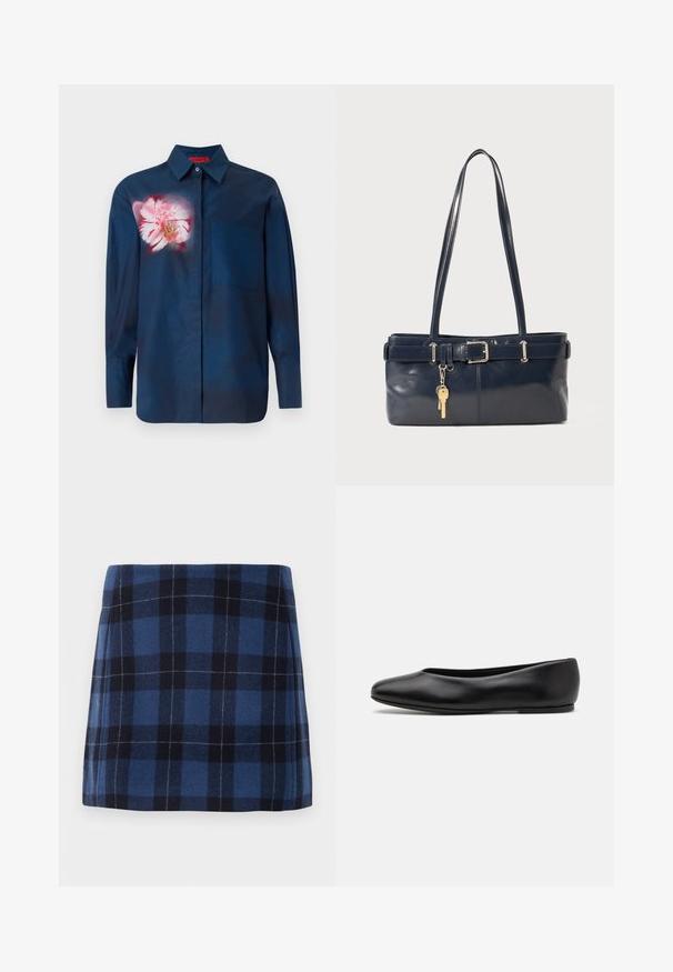 Navy blue shirt with a floral design in pink tones on the left chest, featuring a button-down collar and a single pocket on the front.; Plaid mini skirt in dark blue and navy, made of soft fabric with a slightly textured finish. Features a straight cut and clean lines.; Paul Smith TOPANGA - Ballet pumps - black; Navy leather handbag with two long handles, a buckle detail, and a keychain attached. Features a smooth texture and a rectangular shape.