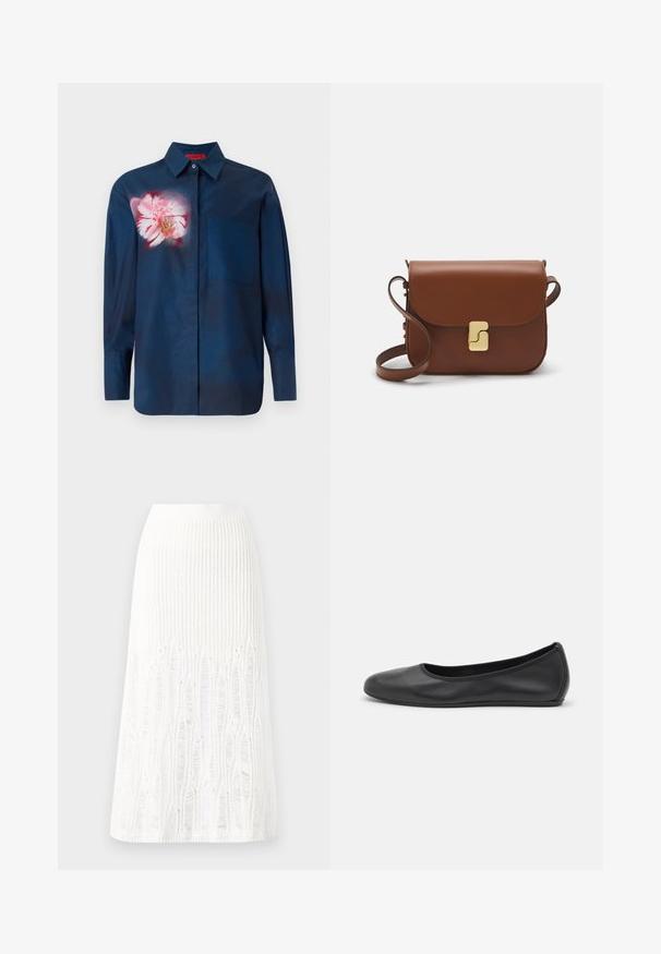 Marineblaue Hemd mit floralem Design in rosafarbenen Tönen auf der linken Brust, ausgestattet mit einem Button-Down-Kragen und einer einzelnen Tasche auf der Vorderseite.; Gestreifte weiße Midi-Rock aus Strick mit einem strukturierten Muster und Ausschnitten am Saum. Elastischer Bund. Weiches Material.; Schwarze Leder-Ballettschuhe mit abgerundeter Spitze, glatter Textur, minimalen Nähdetails und einem flexiblen Sohlen-Design.; Braune Ledertasche mit Klappenverschluss, Beschlägen in Goldfarbe, einem Schultergurt und einer glatten Oberfläche. Kompakte rechteckige Form.