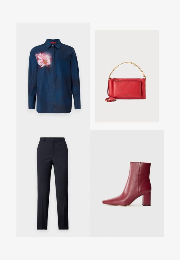 Mörkblå skjorta med ett blommönster i rosa nyanser på vänster bröst, med krage som knäpps ner och en enda ficka framtill.; Marinblå skräddarsydda byxor med rak passform, med en slät textur, två framfickor och en ren midjeband.; Burgundy läderankelboot med spetsig tå, klack av blocktyp och slät textur, med en sömlös design utan synlig hårdvara.; Röd läderhandväska med texturerad yta, guldkedja och rem, framficka med dragkedja och präglad logotyp. Kompakt och strukturerad design.