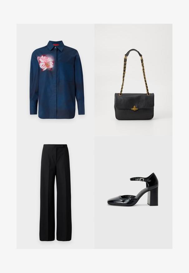 Camicetta blu navy con un design floreale in tonalità di rosa sul lato sinistro del petto, caratterizzata da un colletto button-down e una tasca singola sul davanti.; Pantaloni neri a gamba ampia con una texture liscia e opaca. Vita piatta senza hardware o motivi visibili. Design semplice ed elegante.; Scarpe col tacco alto in pelle verniciata nera con punta quadrata, cinturino alla caviglia e tacco chunky. Include dettagli perforati lungo il bordo.; Borsa a tracolla nera in pelle con pattina pieghevole, tracolla in catena dorata e dettaglio con logo sul davanti. Texture liscia.