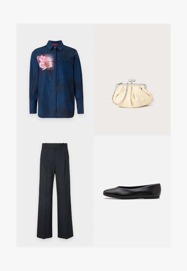 Navy blue shirt with a floral design in pink tones on the left chest, featuring a button-down collar and a single pocket on the front.; Dark blue pinstriped trousers with a high waist, wide leg design, and no visible hardware or embellishments. Smooth texture and tailored fit.; Paul Smith TOPANGA - Ballet pumps - black; Pleated beige leather clutch with a silver metal frame, featuring two round decorative clasps and a silver chain strap.