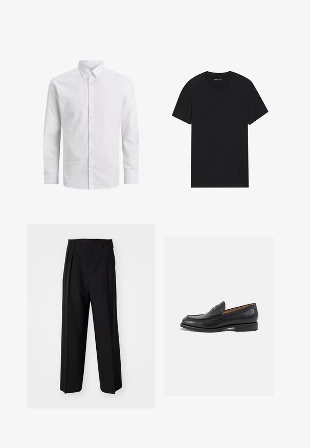 Camisa branca de manga longa feita de algodão suave, com um colarinho clássico e fecho frontal por botões, sem padrões ou detalhes.; Camiseta de algodão preta com mangas curtas e decote redondo. O tecido tem uma textura suave e um design simples e liso.; Calças pretas plissadas com um design reto e de perna larga. Feitas de um tecido liso, apresentam um fecho de botão e passantes para cinto.; Mocassins pretos de pele com um acabamento suave, bico redondo e costura decorativa no a parte superior. Salto baixo e empilhado com um ligeiro brilho.