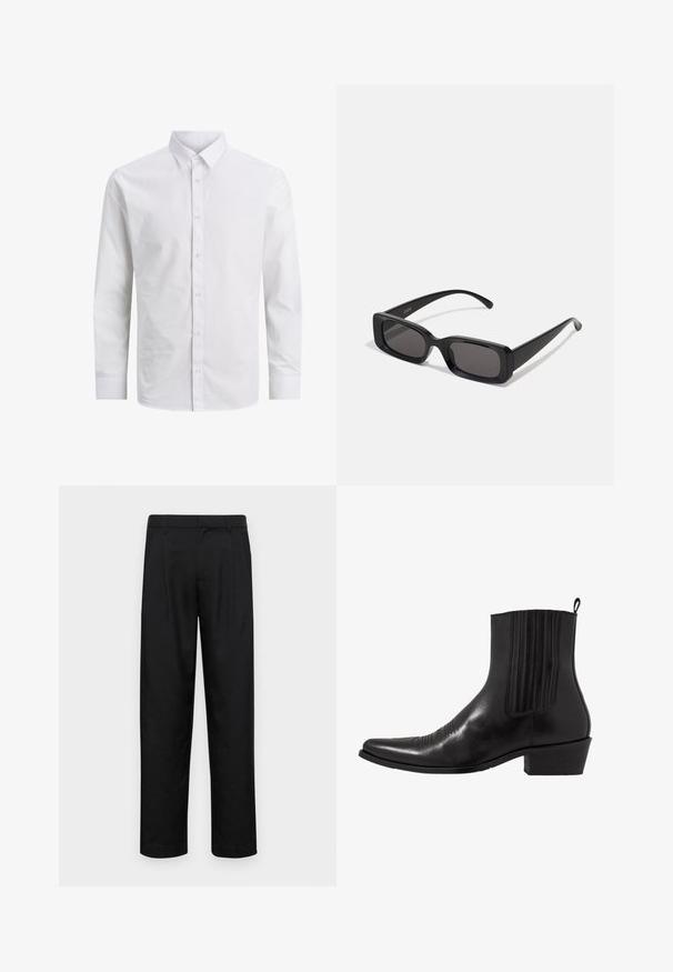 Ilgi piedurkņu balts krekliņš, izgatavots no gludas kokvilnas, ar klasisku apkakli un priekšējo pogu aizvēršanu, bez rakstiem vai akcentiem.; Melnas bikses, izgatavotas no gludas auduma, ar taisnu kāju dizainu, divām priekšējām krokām un standarta jostu, kurai ir āķi.; Melna ādas potītes zābaku ar norādītu pirkstu, elastīgām sānu daļām, vertikālām šuvēm un zemu blokveida papēdi.; Melnas taisnstūrveida saulesbrilles ar tumšiem stikliem, spīdīga apdare, platas kājas un masīvs rāmja dizains. Uz vienas kājas ir iegravēts zīmola nosaukums.