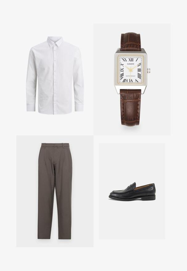 Long-sleeve white dress shirt made from smooth cotton, featuring a classic collar and front button closure, with no patterns or accents.; Jack & Jones JPSTBILL JJDAYTONA WIDE - Trousers - pavement; Black leather loafers with a smooth finish, rounded toe, and decorative stitching on the vamp. Low stacked heel and slight shine.; Casio rectangular watch with a white face, gold accents, Roman numerals, and a brown crocodile-pattern leather strap. Water-resistant design.