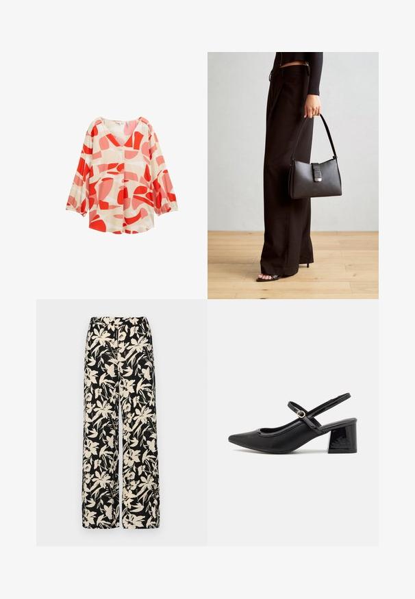 Bluza ușoară crem cu modele abstracte îndrăznețe în roșu și roz, de tip V la gât, cu mâneci lungi și manșete elastice. Are detalii cu nasturi.; Pantaloni negri cu croi larg, decorati cu un model floral crem. Fabricati dintr-un material usor, avand o textura neteda si un talie inalta.; Cizme cu toc slingback din piele sintetică lacuită neagră, cu vârful ascuțit, un design cu decupaj rotunjit și toc bloc. Include un accent cu cataramă de culoare aurie.; Genți negre cu o formă structurată, textură netedă și un închizător metalic. Asortată cu pantaloni negri largi și sandale cu vârf deschis pe un podea din lemn.