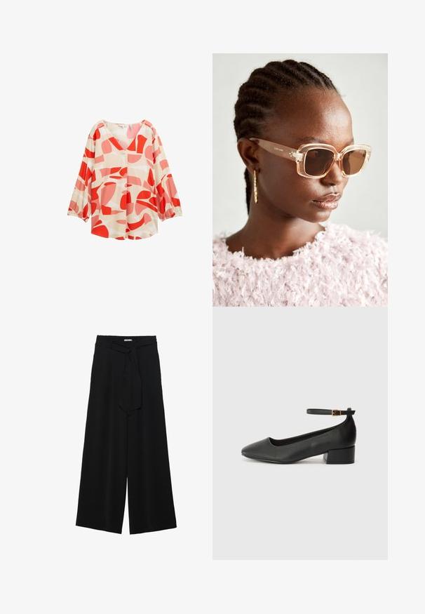 Blouse légère en crème avec des motifs abstraits rouges et roses audacieux, décolleté en V, et manches longues avec des poignets élastiques. Détail de boutons.; Pantalons larges noirs en tissu texturé, avec une taille élastique et une ceinture à nouer amovible à la taille pour un ajustement variable.; Escarpin en cuir noir avec un bout pointu et un petit talon bloc. Doté d'une bride de cheville avec une boucle dorée. Texture lisse.; Lunettes de soleil surdimensionnées beiges avec une monture transparente et des verres teintés marron, arborant des accents floraux subtils et un design géométrique audacieux.