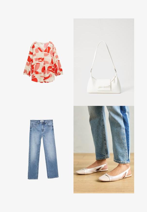 Lagana, krem bluzica s odvažnim crvenim i ružičastim apstraktnim uzorcima, V-izrezom i dugim rukavima s elastičnim manžetama. Ima detalj s dugmadi.; Ravne traperice plave boje, s izblijeđenim efektom, pet džepova i klasičnim gumbom za kopčanje. Izrađene od pamučne tkanine s upadljivim šavovima.; Svijetlo ružičaste slingback balerinke s šiljastim vrhom, izrađene od glatkog materijala nalik koži. Sadrže izrezane detalje sa strane i ravnu petu.; Bijela sintetička torbica s trokutastim oblikom, ravnim prednjim poklopcem i detaljem u obliku mašne, podesivom remenom, glatkom teksturom i minimalističkim dizajnom.