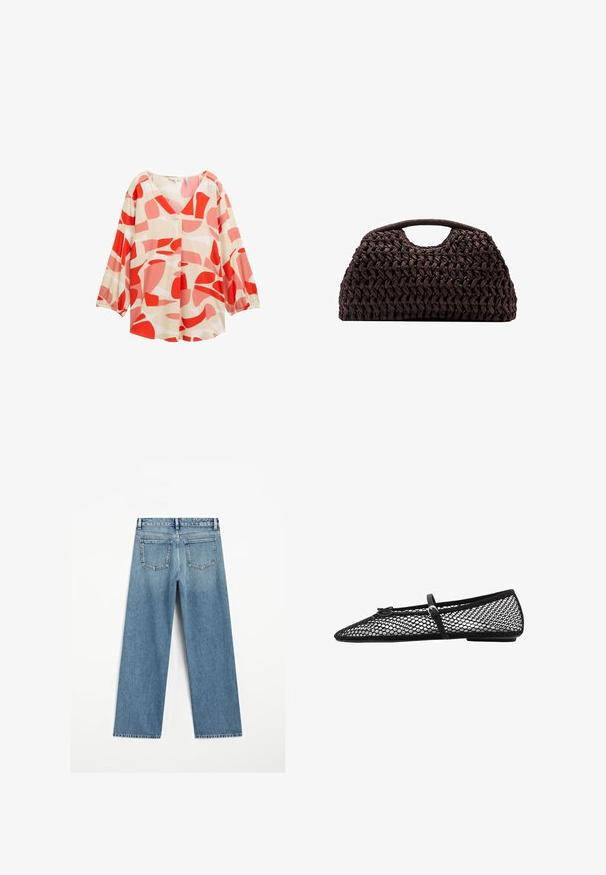 Leichte, cremefarbene Bluse mit auffälligen roten und rosa abstrakten Mustern, V-Ausschnitt und langen Ärmeln mit elastischen Bündchen. Mit Knopfdetails.; Hellblaue Denim-Jeans mit weitem Bein, ausgestattet mit zwei Gesäßtaschen und einem fransigen Saum. Hergestellt aus strukturiertem Baumwollstoff.; Schwarze Netz-Balletflats mit spitz zulaufender Zehenpartie, dekorativem Riemen und dezentem Akzent. Sie verfügen über ein offenes Netzdesign und eine flache Sohle.; Geflochtener brauner Handtasche mit runder Silhouette, ausgestattet mit einem oberen Griff und strukturierten Oberfläche. Kompaktes Design mit flachem Boden für Stabilität.