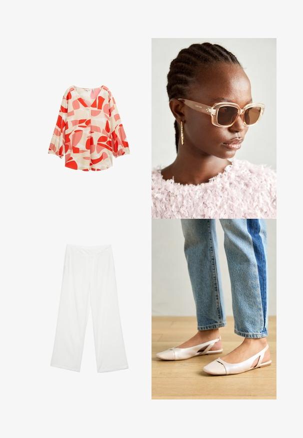 Lätt, krämfärgad blus med djärva röda och rosa abstrakta mönster, V-ringning och långa ärmar med elastiska manschetter. Har detaljer med knappar.; Breda byxor i vitt material, med en slät yta, framfickor och en klassisk midja med bälteshål.; Ljust rosa slingback-lägenheter med spetsig tå, tillverkade av ett slätt läderliknande material. Har utskurna detaljer på sidorna och en platt häl.; Beige oversized solglasögon med genomskinlig båge och bruna tonade linser, med subtila blommönster och djärv, geometrisk design.