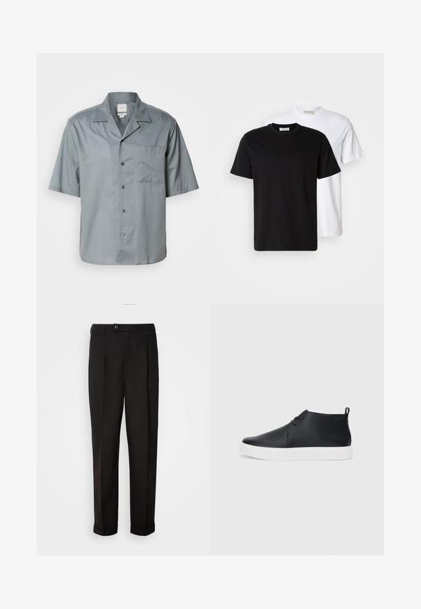 Kortermet skjorte med knappestolpe i lys grått stoff med glatt tekstur, med brystlomme og klassisk kragedesign.; To enkle bomulls T-skjorter, en svart plassert foran en hvit, begge med korte ermer og rund hals.; Sorte bukser med en glat tekstur, der har lige snit, to forlommer og en enkelt knaplukning i taljen.; Svart skinnhøye sneakers med glatt finish, hvit gummisole og enkelt snøringdesign. Har en løftestropp bak.