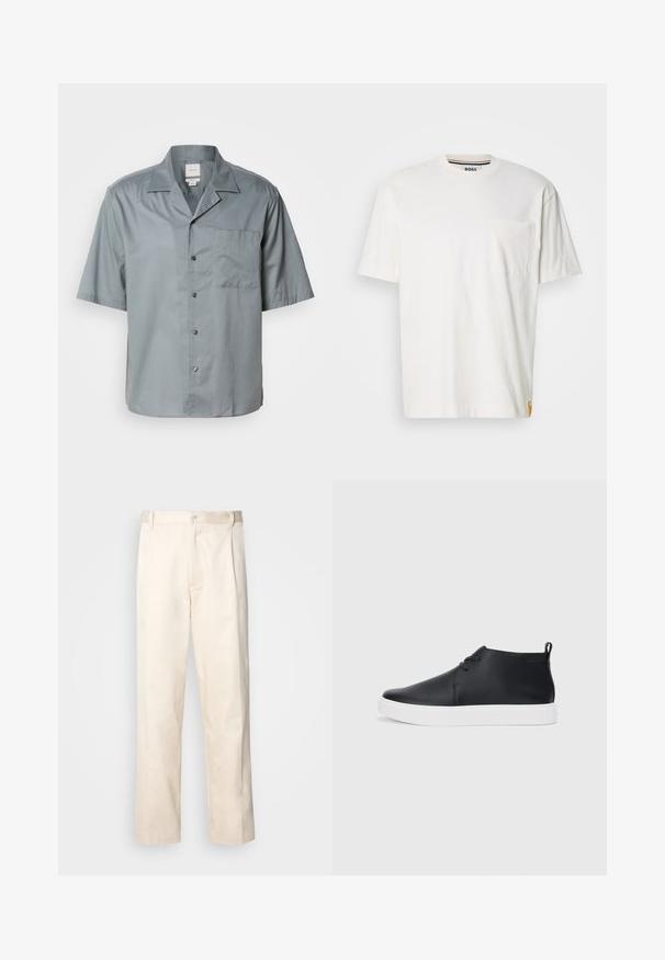 Kortermet skjorte med knappestolpe i lys grått stoff med glatt tekstur, med brystlomme og klassisk kragedesign.; Hvit bomull t-skjorte med rund hals, korte ermer og venstre brystlomme. Har en liten logoetikett på sømmen.; Beige bomullsbukser med rett benfatt, med knappelukking og folder foran for ekstra detaljer.; Svart skinnhøye sneakers med glatt finish, hvit gummisole og enkelt snøringdesign. Har en løftestropp bak.