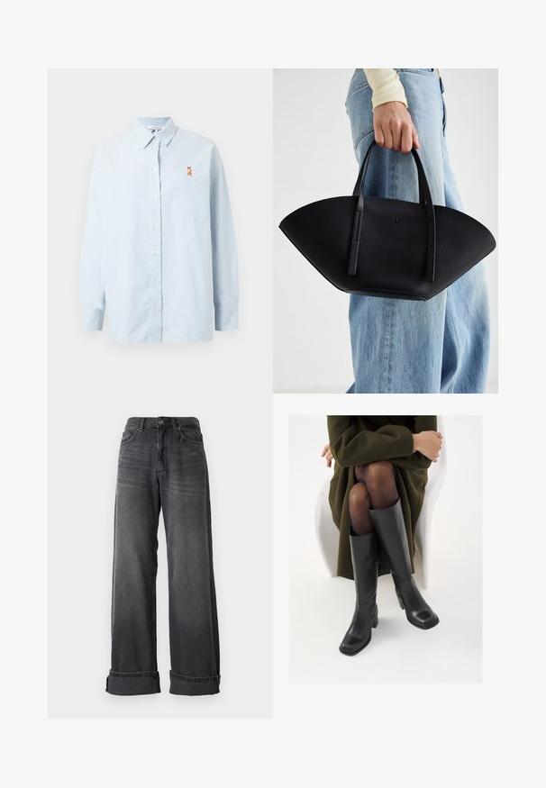 Šviesiai mėlyna ilgomis rankovėmis palaidinė iš minkštos medžiagos, su mygtukais priekyje ir brodiniu lapių dizainu kairėje krūtinės pusėje.; Plonos kojų džinsai tamsiai pilkame džinsiniame audinyje, turintys aukštą juosmenį, penkias kišenes ir sukamuosius kraštus papildomam akcentui. Lygus tekstūra su subtiliais blukimais.; Juodos odinės pradžios ilgio bateliai su kvadratu formos nosimi ir bloko kulnu, demonstruojami su modeliu, sėdinčiu alyvuogių žalios spalvos švarku. Lygi tekstūra, minimalus puošimas.; Juodas odinis rankinis uždangalas unikaliu ventiliatoriaus formos dizainu, turintis plokščias rankenas. Paviršius turi akmeninė tekstūrą ir minimalistišką dizainą.