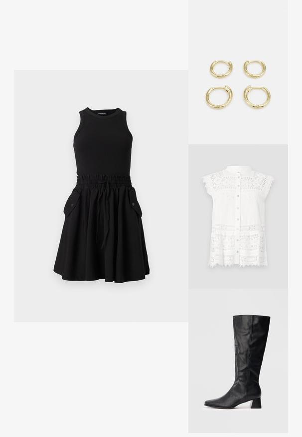 Biela blúzka s krátkymi, naberanými rukávmi, ktorá má čipkované detaily a zapínanie na gombíky. Textúrovaná tkanina a volánový lem pridávajú vizuálny záujem.; Čierne bezrukávové šaty s rebrovaným vrchom a rozšírenou sukňou. Obsahujú elastický pás a dve bočné vrecká s gombíkmi.; Čierne kožené čižmy po strednú lýtko s špičatou špičkou a blokovým podpätkom na jednofarebnom svetlom pozadí.; Čierna kožená kabelka s zaobleným tvarom, odnímateľným popruhom a zlatými doplnkami. Kabelka má klopu s detailom s prackou.; Zlaté kruhové náušnice, štyri kusy, hladký povrch, zaoblený dizajn, rôzne veľkosti, s pántovým uzáverom pre jednoduché nosenie.