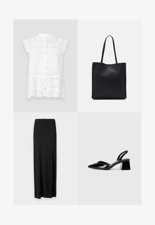 Witte blouse met korte, capmouwen, voorzien van kantdetails en een knoopsluiting aan de voorkant. Getextureerde stof en een golvende zoom zorgen voor visuele interessant.; Zwarte maxi rok van zacht, rekbaar materiaal. Heeft een zijsplit en een eenvoudig, gestroomlijnd ontwerp zonder versieringen.; Zwarte gepatineerde leren slingback hakken met een spitse neus en een geometrische blokhak. Kenmerkt zich door een slank, minimalistisch ontwerp en een gladde textuur.; Zwarte leren handtas met een gladde textuur, rechthoekige vorm en twee lange handvaten. Geen zichtbare hardware of versieringen.