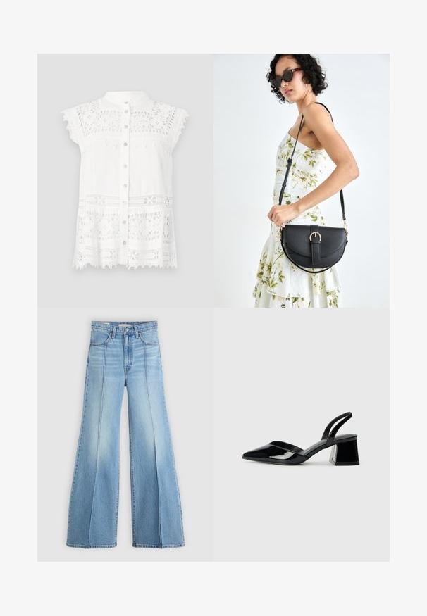White blouse with short, cap sleeves, featuring lace detailing and a button-down front. Textured fabric and scalloped hemline add visual interest.; Light blue high-waisted jeans with wide legs, front and back pockets, belt loops, and vertical seam details on the front.; Black patent leather slingback heels with a pointed toe and a geometric block heel. Features a sleek, minimal design and smooth texture.; Black leather handbag with a curved shape, detachable strap, and gold hardware. The bag features a flap with a buckle detail.