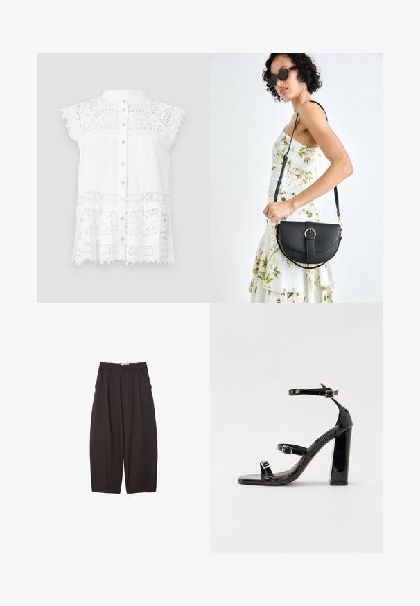 Blusa bianca con maniche corte a cappuccio, caratterizzata da dettagli in pizzo e una chiusura con bottoni sul davanti. Il tessuto strutturato e l'orlo scallopato aggiungono interesse visivo.; Pantaloni neri a gamba larga realizzati in un tessuto morbido, con vita alta, pieghe frontali e tasche laterali. Design semplice senza decorazioni.; Sandali con tacco in vernice nera, con punta squadrata, cinturini alla caviglia e fibbie in argento. Presentano un tacco a blocco spesso per maggiore stabilità.; Borsa a tracolla nera in pelle con una forma curva, manico rimovibile e accessori dorati. La borsa presenta una patta con un dettaglio a fibbia.