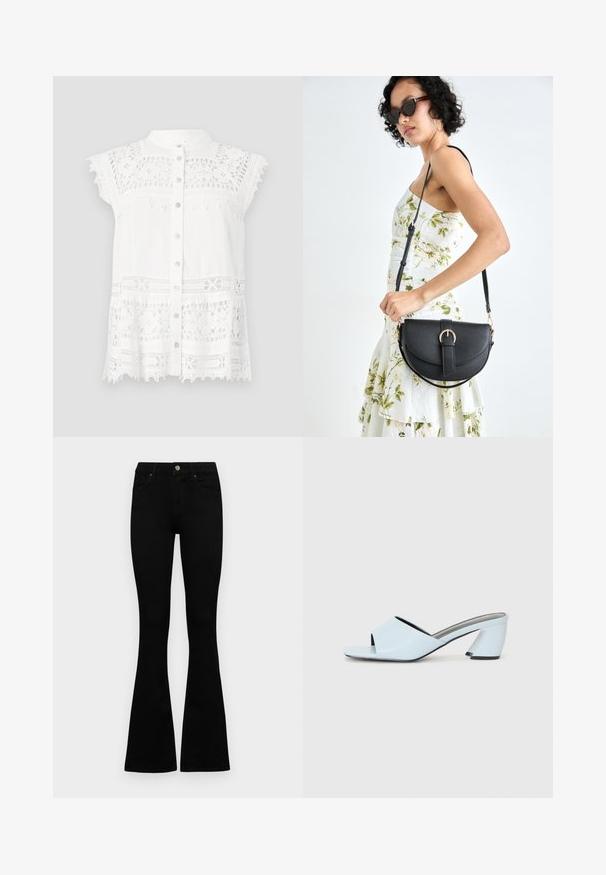 White blouse with short, cap sleeves, featuring lace detailing and a button-down front. Textured fabric and scalloped hemline add visual interest.; Black high-waist jeans with a button and zip closure, front pockets, and flared legs laid flat on a white background.; Light blue open-toe heeled mules with a geometric design, featuring a wide strap across the foot and a chunky, angular heel.; Black leather handbag with a curved shape, detachable strap, and gold hardware. The bag features a flap with a buckle detail.