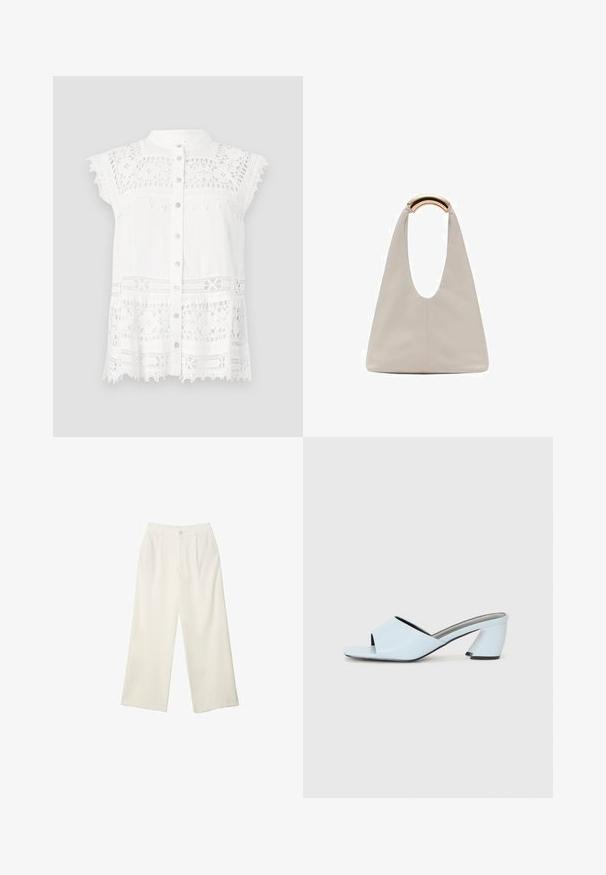 Biała bluzka z krótkimi, kapturem rękawami, z koronkowymi detalami i zapięciem na guziki z przodu. Teksturowana tkanina i falbaniasty brzeg dodają wizualnego zainteresowania.; Spodnie z szerokimi nogawkami w kremowej tkaninie o gładkiej fakturze, z pojedynczym guzikiem z przodu, subtelnymi plisami i wysokim stanem.; Jasnoniebieskie klapki na wysokim obcasie z otwartym noskiem, ozdobione geometrycznym wzorem, z szerokim paskiem na stopie i masywnym, kątowym obcasem.; Jasnoszara skórzana torba o kształcie litery U z zakrzywionym metalowym uchwytem. Gładka tekstura z minimalnymi szwami i bez widocznych wzorów.