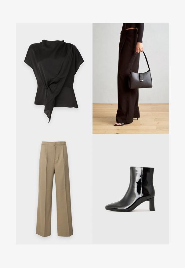 Black blouse made of smooth fabric, featuring a draped design with a knotted detail at the waist and short sleeves.; Beige wide-leg trousers made from a textured fabric. Features front pleats and a flat waistband. No visible fasteners or pockets.; Black patent leather ankle boot with a pointed toe and a mid-height block heel. Smooth texture and minimalist design.; Black handbag with structured shape, smooth texture, and a metallic clasp. Paired with wide black pants and open-toe sandals on wooden floor.