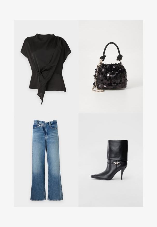 Czarna bluzka wykonana z gładkiego materiału, z drapowanym fasonem i przewiązanym detalem w talii oraz krótkimi rękawami.; Jasnoniebieskie dżinsy o fasonie dzwonów z wysokim stanem, z dwiema guzikami i kieszeniami z przodu. Materiał ma wyblakłą fakturę z subtelnymi odcieniami.; Czarne skórzane botki za kostkę z ostrym noskiem, wysokim obcasem w kształcie stiletto, z załamanym mankietem oraz złotym dekoracyjnym zapięciem na kostce.; Czarna mini torebka z cekinami, z węzłowym, teksturowanym paskiem i srebrnym łańcuchem. O zaokrąglonym kształcie z marszczoną górą i refleksyjnymi detalami.