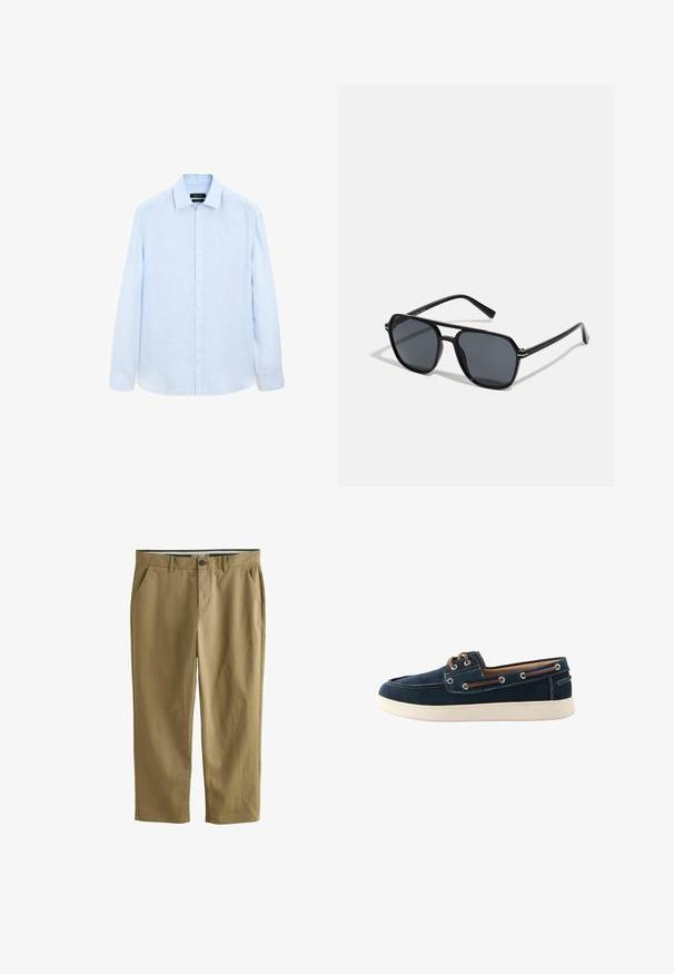 Světle modrá dlouhá košile s knoflíky vyrobená z texturované látky; má klasický límec a knoflíkovou légou, s mírně uvolněným střihem.; Khaki chinos vyrobené z bavlněné směsi, se dvěma bočními kapsami, zapínáním na knoflík, rovnými nohavicemi a hladkou texturou.; Námořnické modré lodní boty vyrobené z textilu, s bílým prošíváním a gumovou podešví. Mají hnědé tkaničky a nýty. Zaoblený design špičky.; Černé sluneční brýle s osmiúhelníkovým rámem, tmavými čočkami, lesklým povrchem, tenkými nožičkami a zlatými akcenty na přední části.