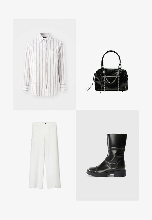 Witte overhemd met verticale bruine strepen, lange mouwen, een kraag en een borstzak. Katoenen stof met een zachte textuur.; Witte, wijde broek met een gladde textuur, voorzien van een sluiting met een knoop aan de voorkant en riemlussen, ontworpen voor een relaxte pasvorm.; Zwarte leren enkelboot met een ronde neus, een gladde afwerking, contrasterende stiksels en een blokhak, met een licht taps toelopend silhouet.; Bershka WITH CHAIN - Handtas - black