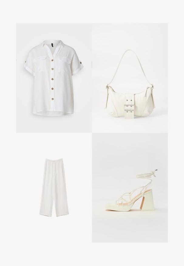 Hvid, kortærmet skjorte med knapper og krave, to brystlommer og dekorative brune knapper. Letvægtsstof, afslappet pasform.; Hvide bukser med bred benlængde lavet af et letvægtsstof. Har et elastisk talje med snor og sidelommer. Glat tekstur.; Hvide højhælede sandaler med en kraftig hæl, der har et stropdesign og ankelbinding. Glat tekstur med en platform foran for ekstra højde.; Hvid skuldertaske med en tekstureret overflade, et centralt spænde og en buet form. Lynlåslukninger på begge sider.