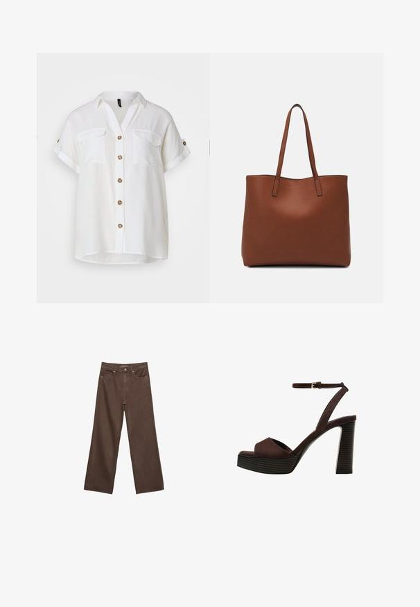 Valkoinen, lyhythihainen nappikauluspaita, jossa on kaksi rintataskua ja koristeelliset ruskeat napit. Kevyt kangas, rento malli.; Leviittävät ruskeat farkut, jotka on valmistettu denimistä, korkea vyötärö, etutaskut ja klassinen nappikiinnitys. Silkkinen pinta hienovaraisella ompelutyöllä.; Ruske kožne sandale s visokom potpeticom, otvorenim prstima, podesivim kopčanjem oko gležnja i prugastim platformskim đonom.; Ruskea nahkainen olkalaukku, jossa on sileä pinta, avoin yläosa ja kaksi olkahihnaa. Omaavat vain minimaalisen ompelun eikä näkyvää metalliosaa.