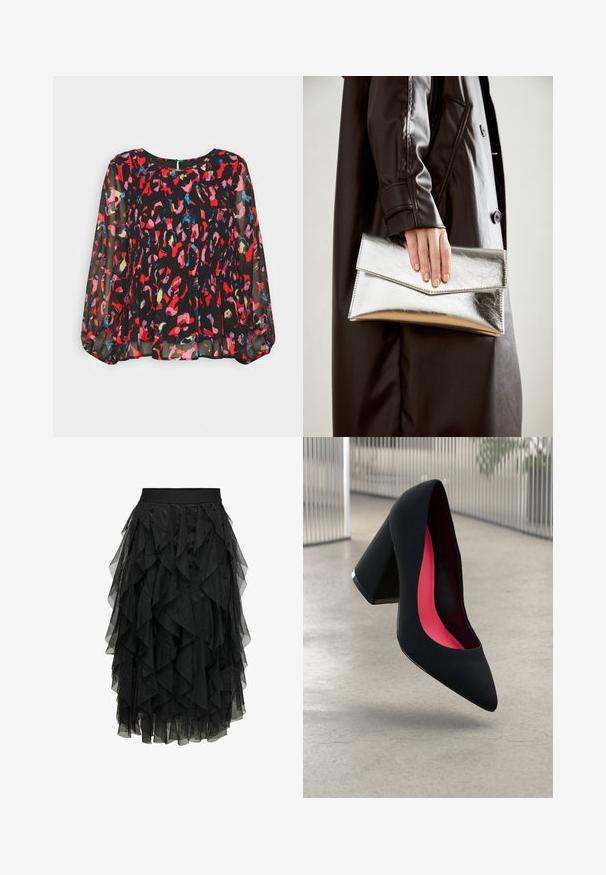 Bluză neagră din material transparent, cu modele abstracte vibrante de roșu, roz, albastru și aur, design pliat, mâneci lungi tip bufant și închidere cu fanta la spate.; Fustă midi neagră, confecționată din tul stratificat, cu un design volanat. Dispune de o talie elastică. Materialul transparent adaugă textură și mișcare.; Cămașă cu toc înalt, neagră, cu vârful ascuțit, suprafață texturată și interior de un roz vibrant. Dispune de un toc gros cu accent argintiu.; Plică metalică argintie cu un design unghiular de tip plic, textură netedă și culoare contrastantă la interior, ținută într-o mână care poartă o haină neagră.