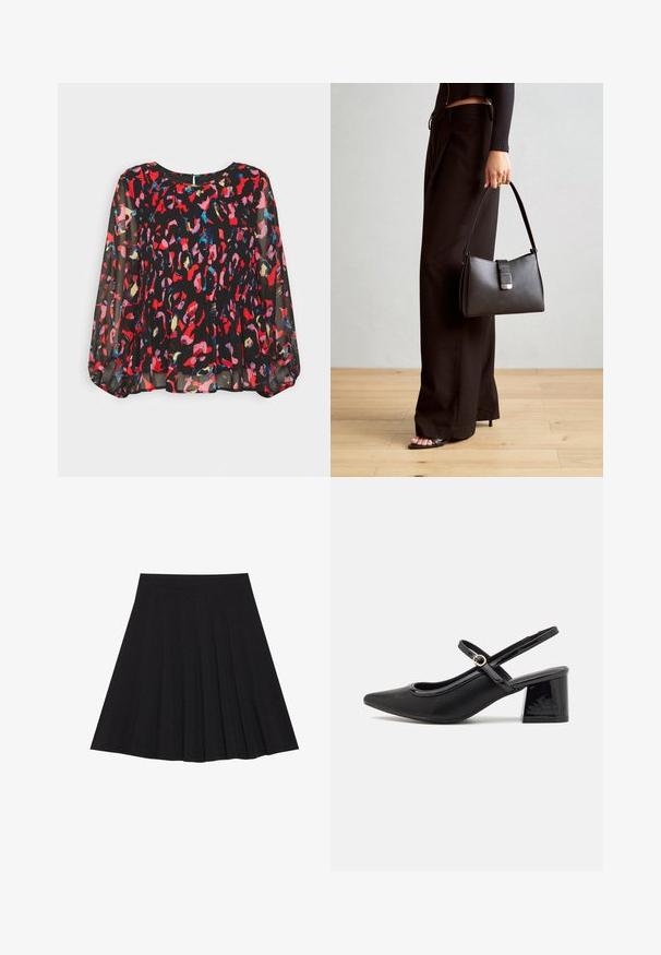 Sort gennemsigtig bluse med livlige røde, pink, blå og gyldne abstrakte mønstre, plisseret design, lange puffærmer og en nøglehulslukning bagpå.; Sort plisseret nederdel lavet af struktureret stof med en tætsiddende talje. Faldende til knæ længde og har en glat, ren silhuet.; Sorte patentlæder slingback hæle med spids tå, rund udskæring og blokhæl. Har en guldtonet spændeaccents.; Sort håndtaske med struktureret form, glat overflade og metalspænde. Sammen med brede sorte bukser og sandaler med åben tå på trægulv.