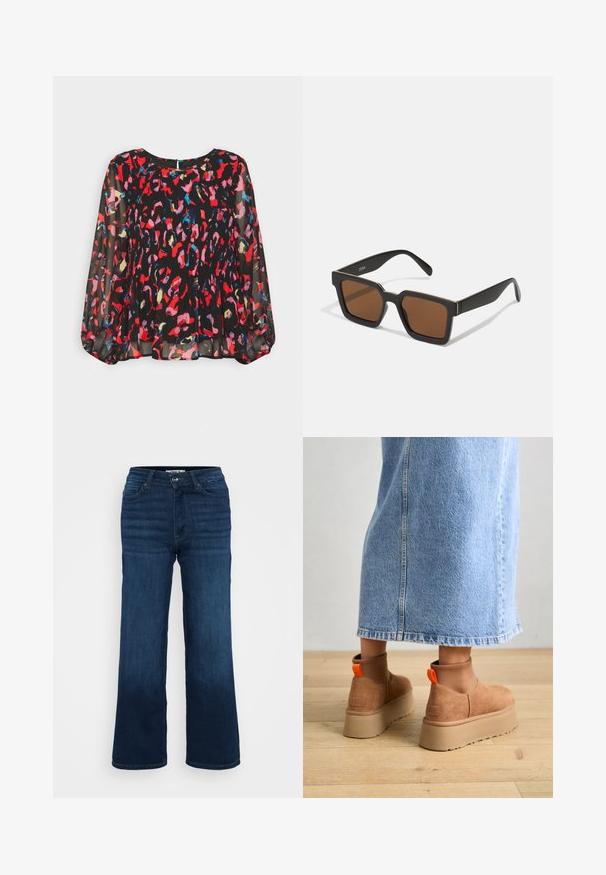 Schwarze durchsichtige Bluse mit lebhaften roten, pinken, blauen und goldenen abstrakten Mustern, geplisstem Design, langen Puffärmeln und einem Schlüsselspaltverschluss auf der Rückseite.; Rosa Baumwoll-Tanktop mit geripptem Format und klassischem Rundhalsausschnitt. Ärmelloses Design, figurbetonte Silhouette und keine auffälligen Details.; ONLY Petite ONLMADISON BLUSH WIDE - Wide Leg - dark blue denim; Braune Wildleder-Plateau-Stiefel mit elastischen Seitenpaneelen und orangen Zuglaschen, kombiniert mit einem knielangen hellen Jeansrock auf einem Holzboden.; Schwarze quadratische Sonnenbrillen mit braunen Gläsern, mattem Finish und goldenen Akzenten im Rahmen. Das Design ist kantig mit breiten Bügeln.; Silberne Creolen mit einem Schleifen-Design, einer glatten Oberfläche und einer polierten Textur. Kompakter, minimalistischer Stil, geeignet für verschiedene Anlässe.