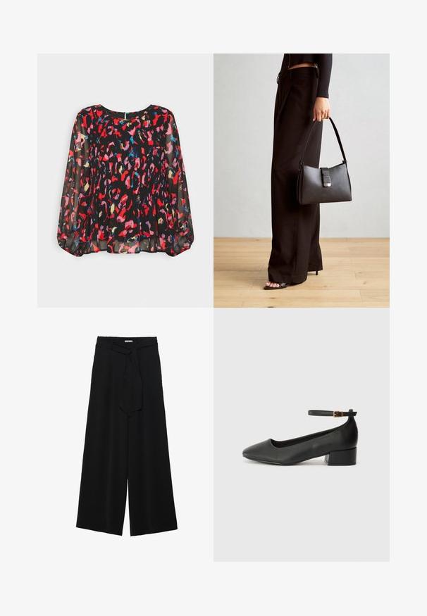 Crna prozirna bluzica s živopisnim apstraktnim uzorcima u crvenoj, ružičastoj, plavoj i zlatnoj boji, nabranog dizajna, dugim napučenim rukavima i zatvaranjem s ključanom rupom na leđima.; Crne široke hlače od teksturirane tkanine, s elastičnom pojasom i odvojivim remenom na struku za prilagodivo pristajanje.; Crne kožne pumpe s oštrim vrhom i niskom blok petom. Sadrže remen oko gležnja s zlatnim kopčanjem. Glatka tekstura.; Crna torba s oblikom koji sadrži strukturu, glađu teksturu i metalnu kopču. Uparena s širokim crnim hlačama i sandalama na otvorenom s drvenog poda.