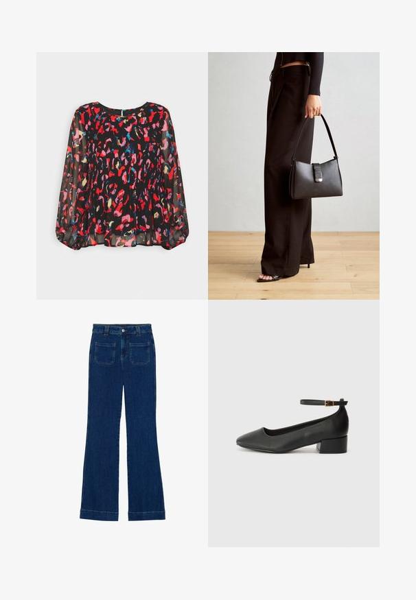 Black sheer blouse with vibrant red, pink, blue, and gold abstract patterns, pleated design, long puff sleeves, and a keyhole back closure.; Denim flared jeans in dark blue with a smooth texture, five-pocket design, and a button closure at the waist.; Black leather pump with a pointed toe and a low block heel. Features an ankle strap with a gold-tone buckle. Smooth texture.; Black handbag with structured shape, smooth texture, and a metallic clasp. Paired with wide black pants and open-toe sandals on wooden floor.