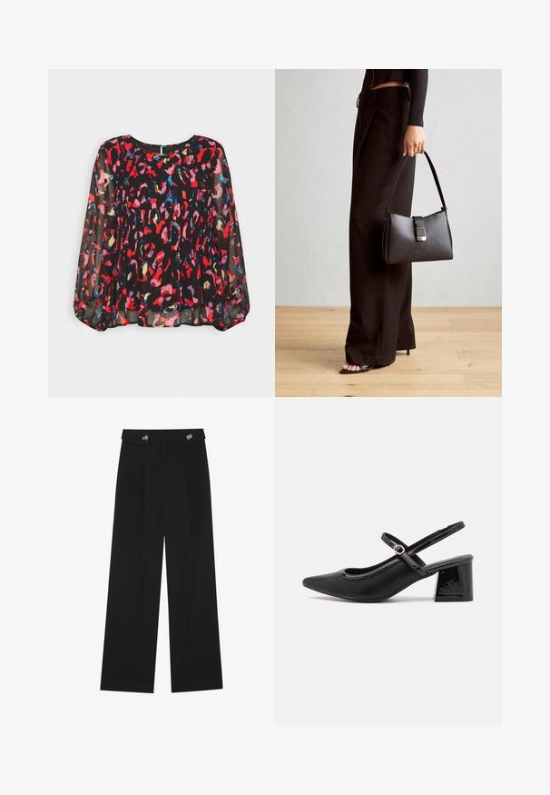 Sort gennemsigtig bluse med livlige røde, pink, blå og gyldne abstrakte mønstre, plisseret design, lange puffærmer og en nøglehulslukning bagpå.; Sorte vide bukser med høj talje, knapdetaljer på taljebåndet og frontfald.; Sorte patentlæder slingback hæle med spids tå, rund udskæring og blokhæl. Har en guldtonet spændeaccents.; Sort håndtaske med struktureret form, glat overflade og metalspænde. Sammen med brede sorte bukser og sandaler med åben tå på trægulv.
