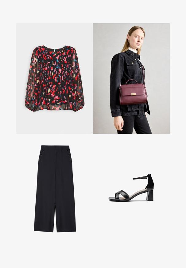 Musta läpinäkyvä paita, jossa on eloisia punaisia, vaaleanpunaisia, sinisiä ja kultaisia abstrakteja kuvioita, laskostettu muotoilu, pitkät puffihihet ja avainreikätakakappale.; Avokkaat housut tummansinisestä kankaasta, joissa on sileä texture, etu laskokset ja koristeelliset kultasävyiset nauhat sivutaskuissa.; Musta avotossu, jossa on ristikkäiset hihnat, säädettävä nilkkaremmi ja paksu korko, painottuen sileään nahkatextuuriin.; Burgundin värinen nahkainen käsilaukku, jossa on kultainen solki, jämäkkä muoto, yläkahva ja säädettävä olkahihna. Mallilla on päällä farkkutakki.