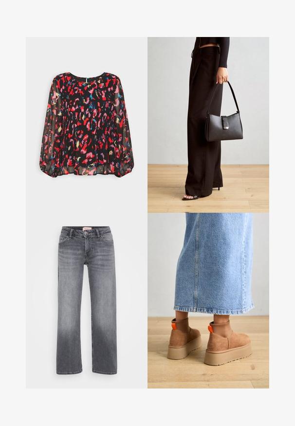 Črna prosojna bluzo z živahnimi rdečimi, roza, modrimi in zlatimi abstraktnimi vzorci, nabranim dizajnom, dolgimi napihnjenimi rokavi in zanko na hrbtni strani.; Sivi traper hlače s ravnim krojem, pet žepov, rahlo zbledelo in z gumbom za zapiranje pri pasu.; Rjave suede platform čizme z elastičnimi stranskimi paneli in oranžnimi zankami, v kombinaciji s svetlobno denim krilom do kolen na lesenem tleh.; Črna torbica z strukturirano obliko, gladko teksturo in kovinskim zaponko. Ujemajo se z širokimi črnimi hlačami in odprtimi sandali na lesenem tleh.; Srebrna obročasta uhana s polirano površino, ki vključuje majhne zlate poudarke in okroglo obliko, nošena na ušesnem lobu.