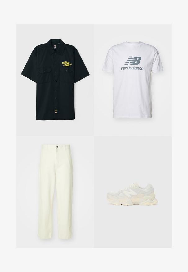 Lühikeste varrukatega must särk, millel on krae, kaks esfronti taskut ja kollane trükitud tekst "Parim halb toit linnas." Omab brändi logo märgist.; Valge puuvillane t-särk, millel on hall "NB" logo ja "new balance" tekst, lühikesed varrukad, klassikaline ümmargune kaelus, sile tekstuur.; Heledad kollased puuvillased püksid sirge lõikega, millel on ees nööpidega sulgus, vööpaelad ja puhas, minimalistlik disain.; Kerge tenniseking, mille pealis on valmistatud võrgust ja seemisnahast pehmes kreemitoonis, koos paksu tallaga ja kolmemõõtmeliste aktsentidega.